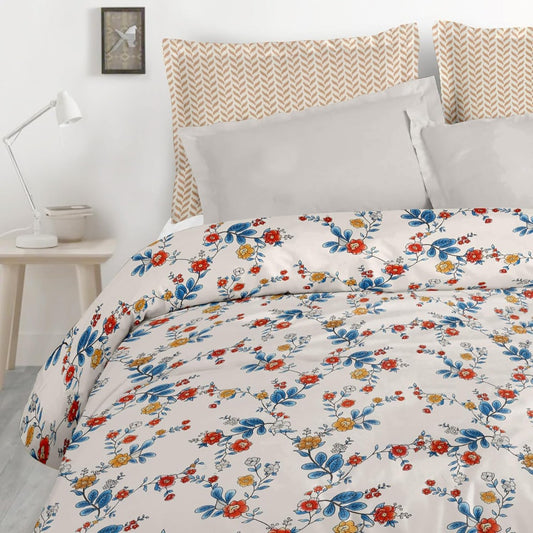 Blossom Glace Cotton Printed Double Bedsheet - Floral Cream