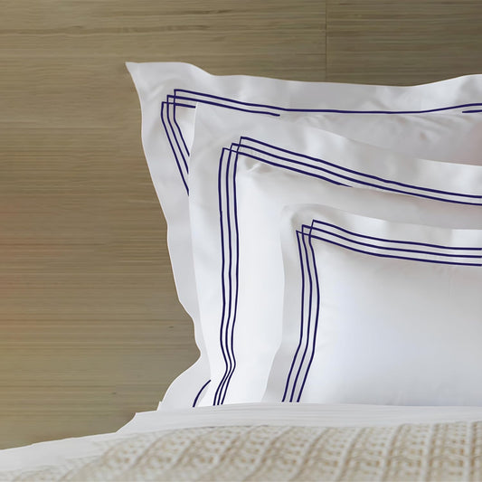 Pure Cotton 500 TC Premium Pillow Cover Set - White Triple Navy Blue