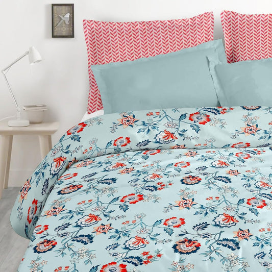 Blossom Glace Cotton Printed Double Bedsheet - Blue