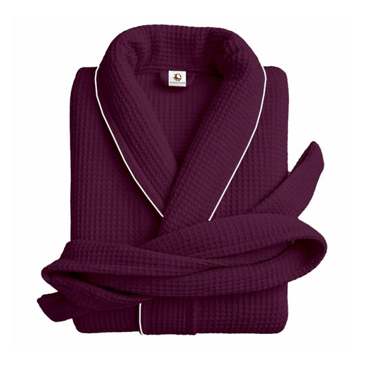 Pure Cotton Waffle Bathrobe With Piping - Wine-Silver