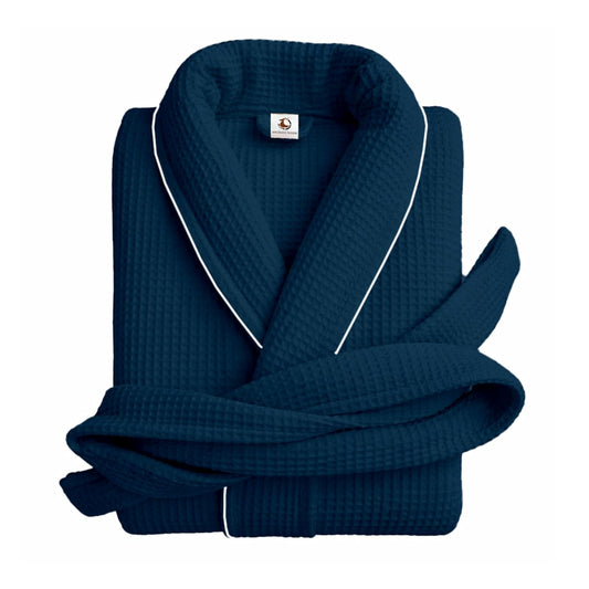Pure Cotton Waffle Bathrobe With Piping - Navy-Silver