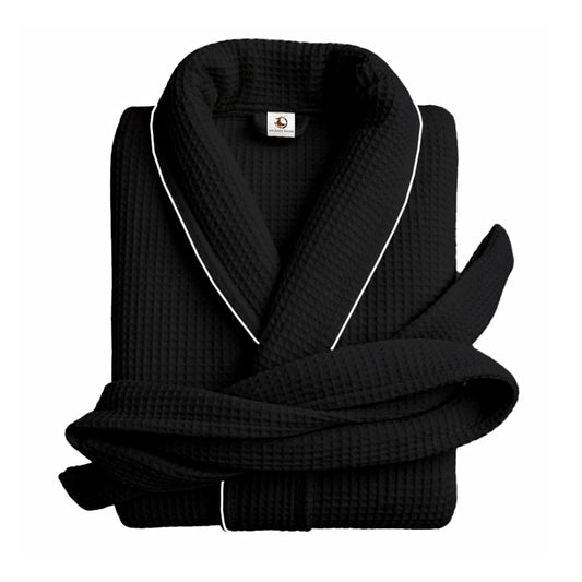Pure Cotton Waffle Bathrobe With Piping - Black-Silver