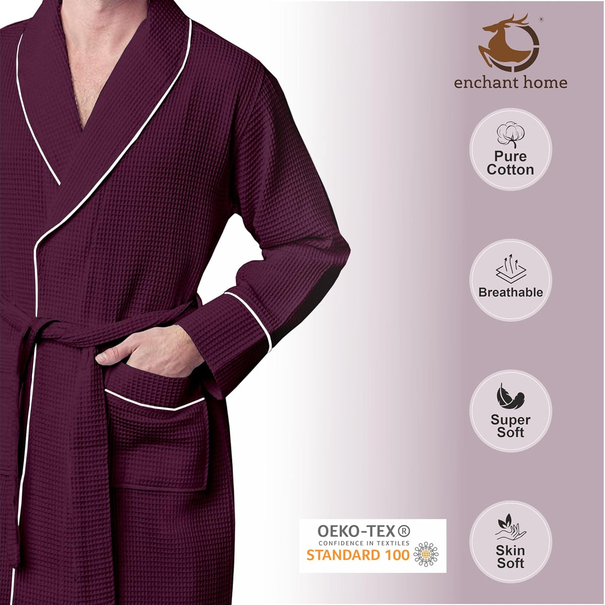 Pure Cotton Waffle Bathrobe With Piping - Wine-Silver