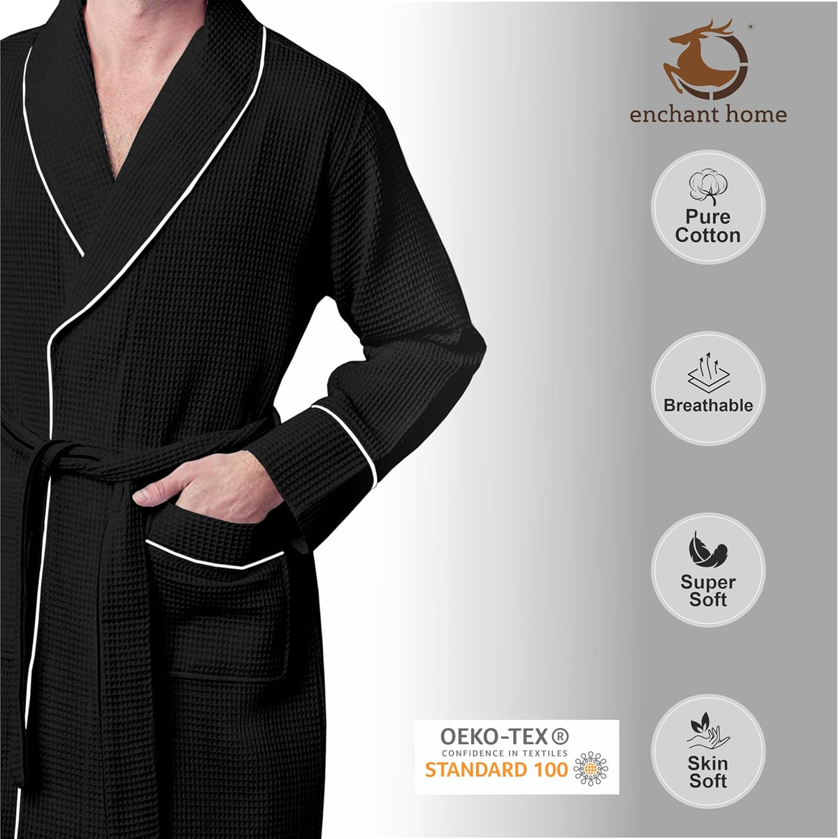 Pure Cotton Waffle Bathrobe With Piping - Black-Silver