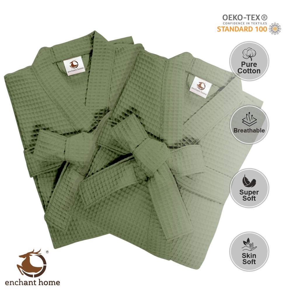 Sage green cotton waffle bathrobe folded view