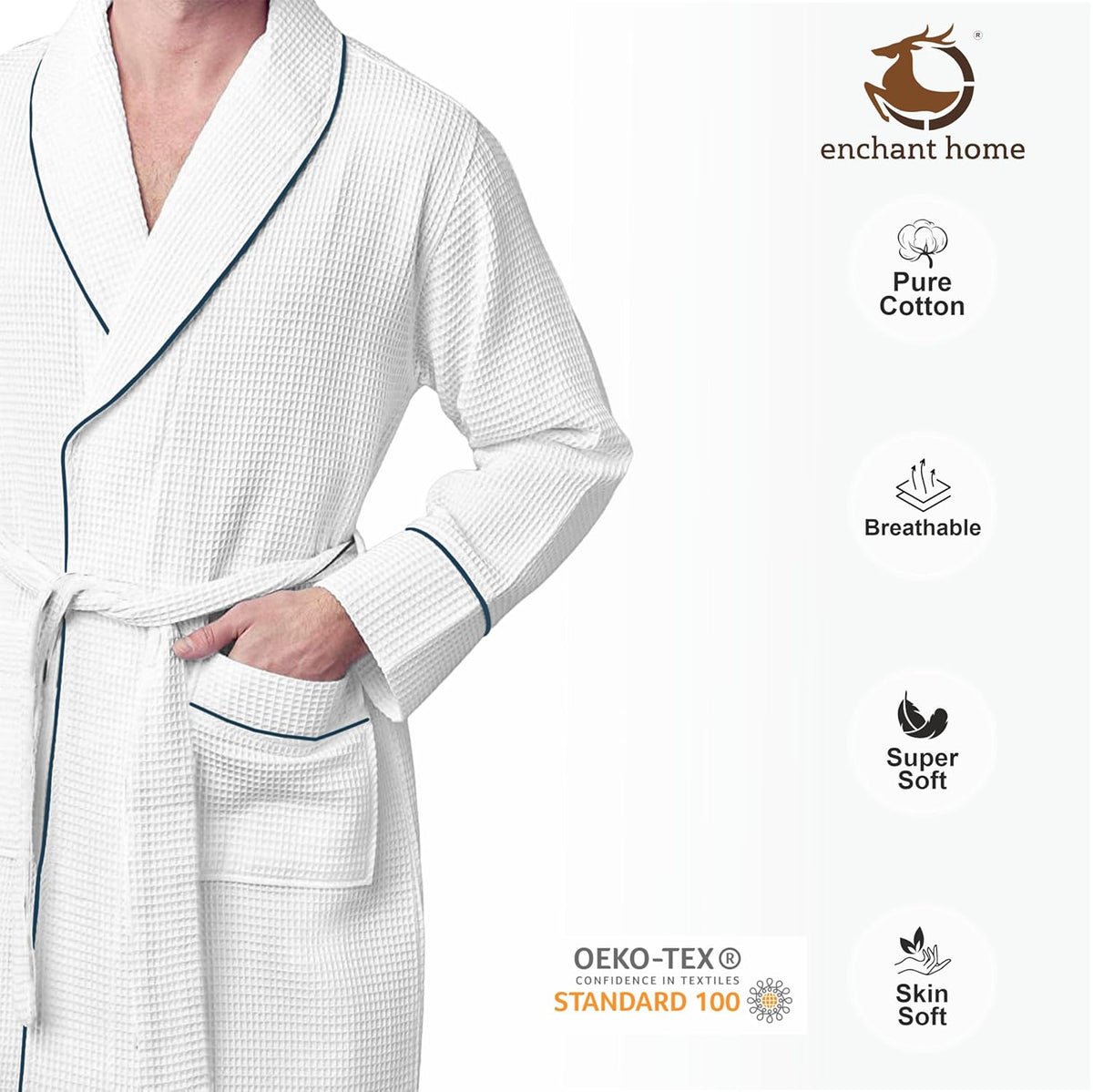 Pure Cotton Waffle Bathrobe With Piping - White-Navy