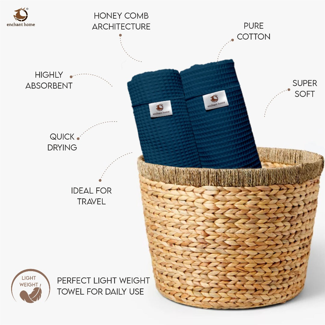 Pure Cotton Waffle Hand Towels - Navy Blue