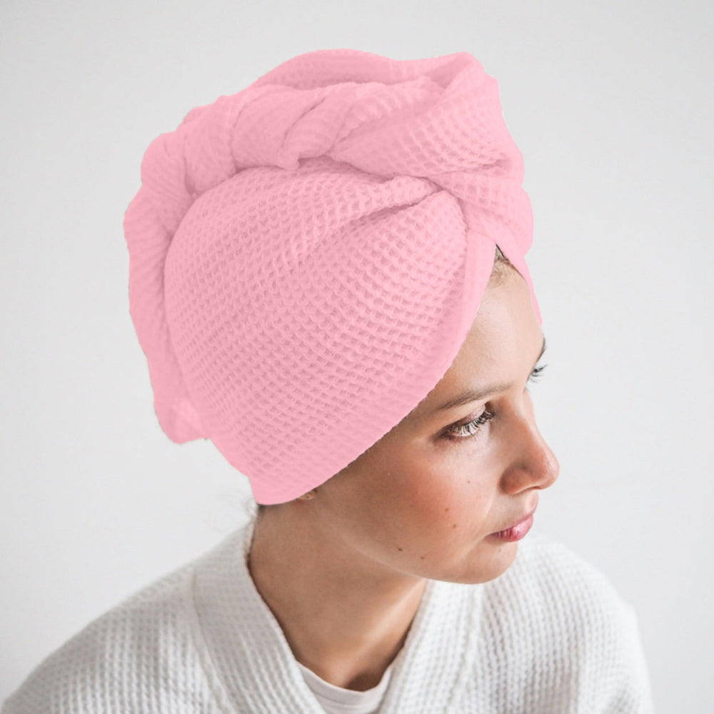 Pure cotton waffle hair wrap towel in pink with button closure
