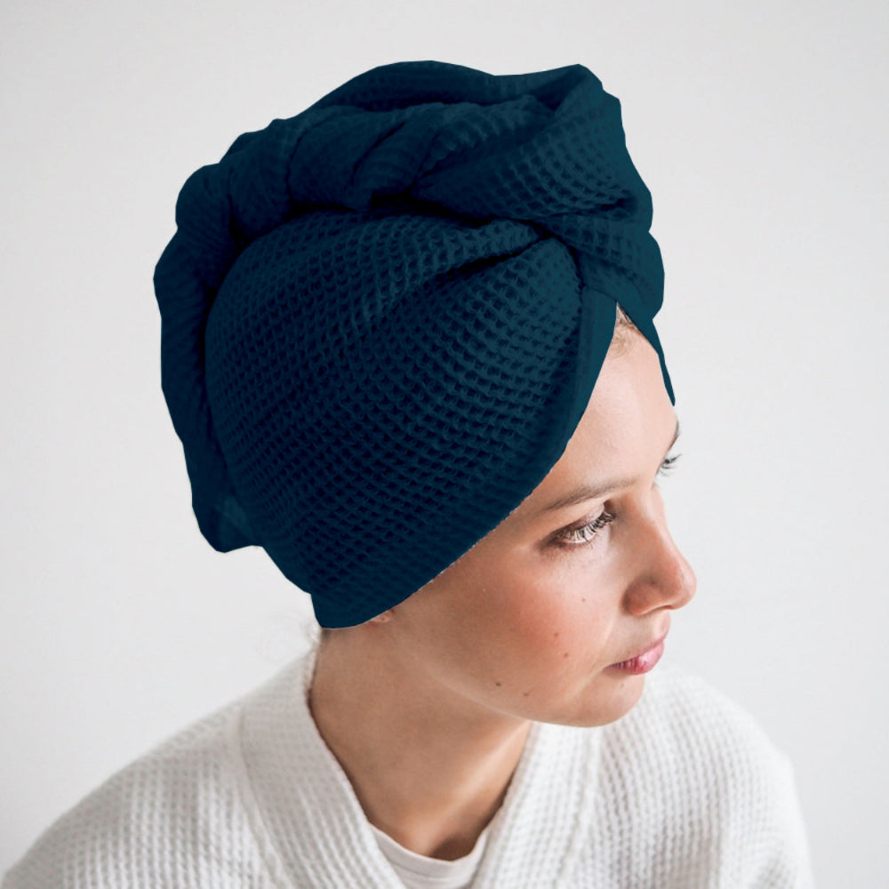Pure cotton waffle hair wrap towel in navy blue with button closure