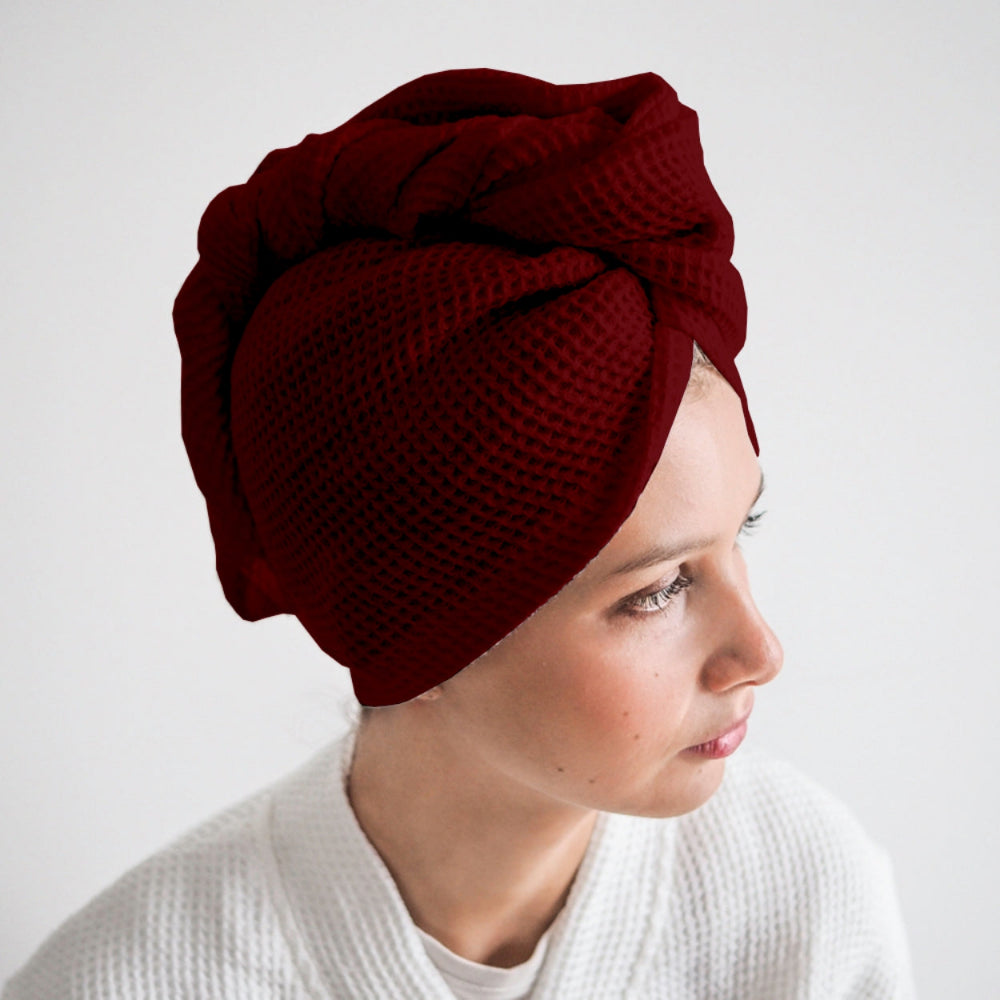 Pure cotton waffle hair wrap towel in maroon with button closure