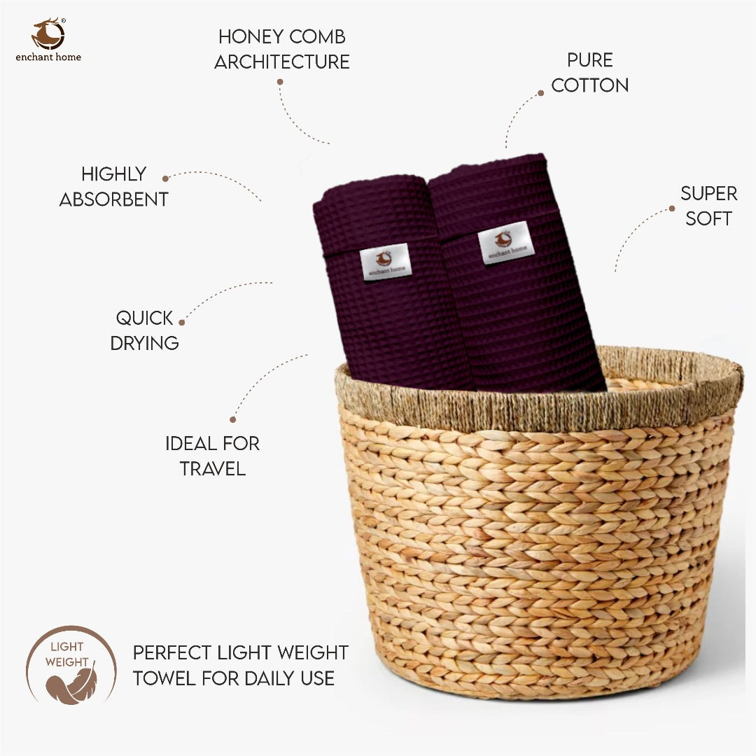 Pure Cotton Waffle Hand Towels - Wine