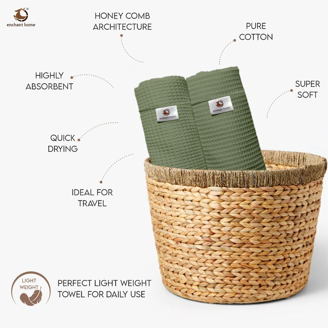 Pure Cotton Waffle Hand Towels - Sage Green