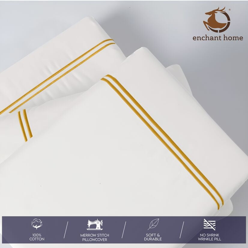 Pure Cotton 500 TC Premium Pillow Cover Set - White-Golden