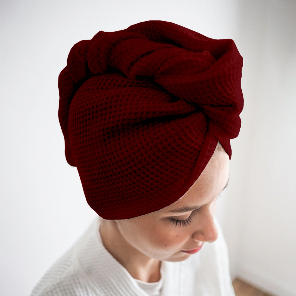 Maroon cotton hair wrap towel worn after shower