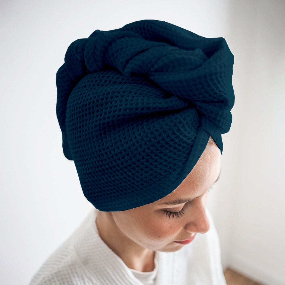 Navy blue cotton hair wrap towel worn after shower