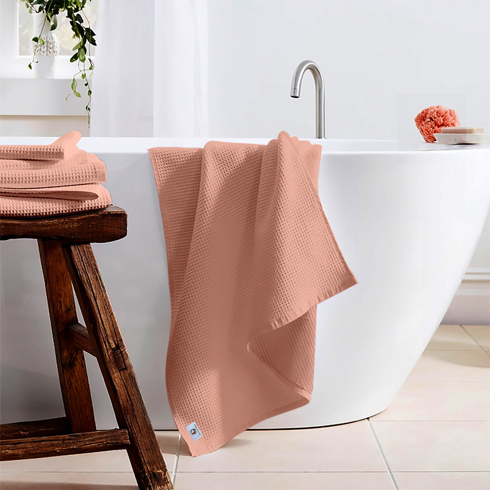 Pure Cotton Waffle Bath Towel - Peach