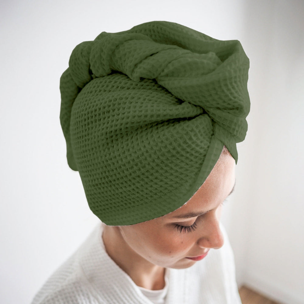 Sage green cotton hair wrap towel worn after shower