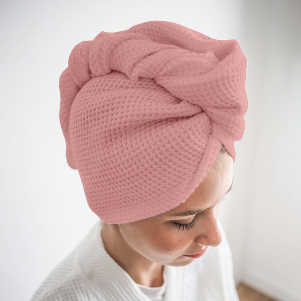 Peach cotton hair wrap towel worn after shower