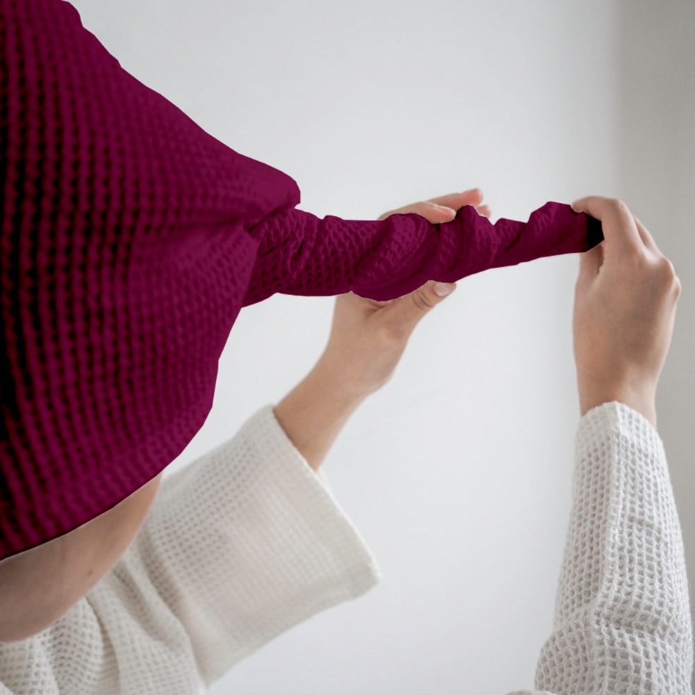 Wine waffle hair wrap towel twist and button detail