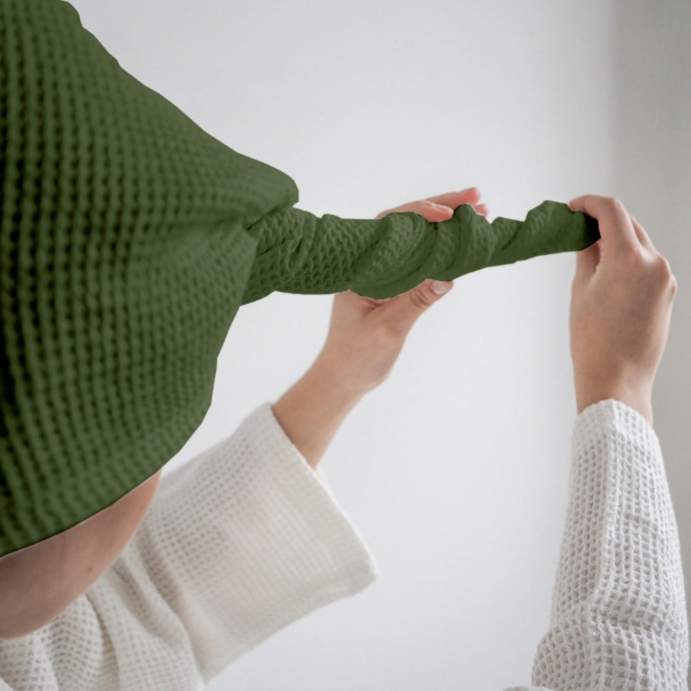 Sage green waffle hair wrap towel twist and button detail