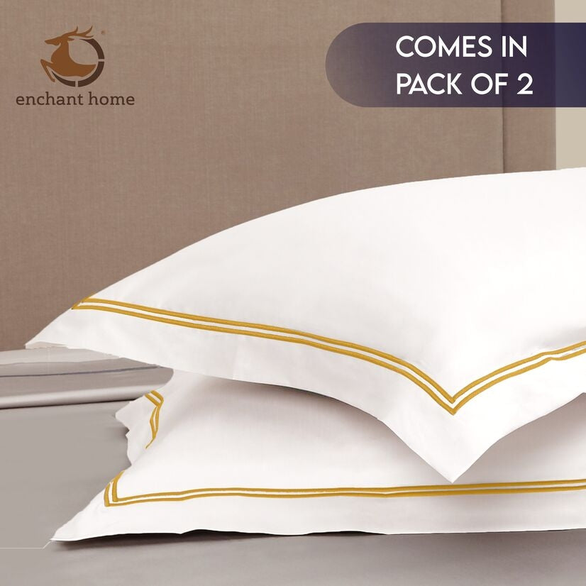 Pure Cotton 500 TC Premium Pillow Cover Set - White-Golden
