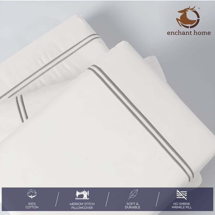 Pure Cotton 500 TC Premium Pillow Cover Set - White-Silver