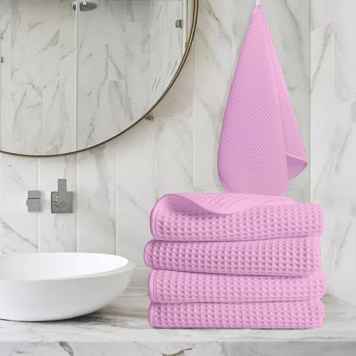 Pure Cotton Waffle Hand Towels - Pink