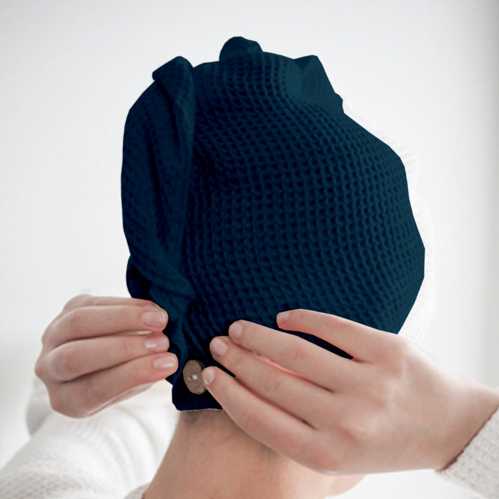 Navy blue cotton hair wrap towel spread flat