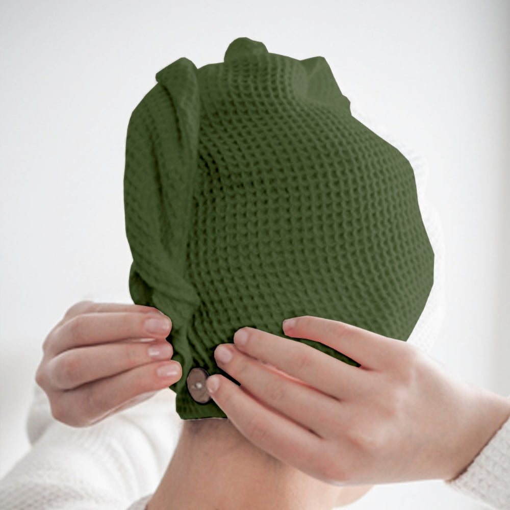Sage green cotton hair wrap towel spread flat