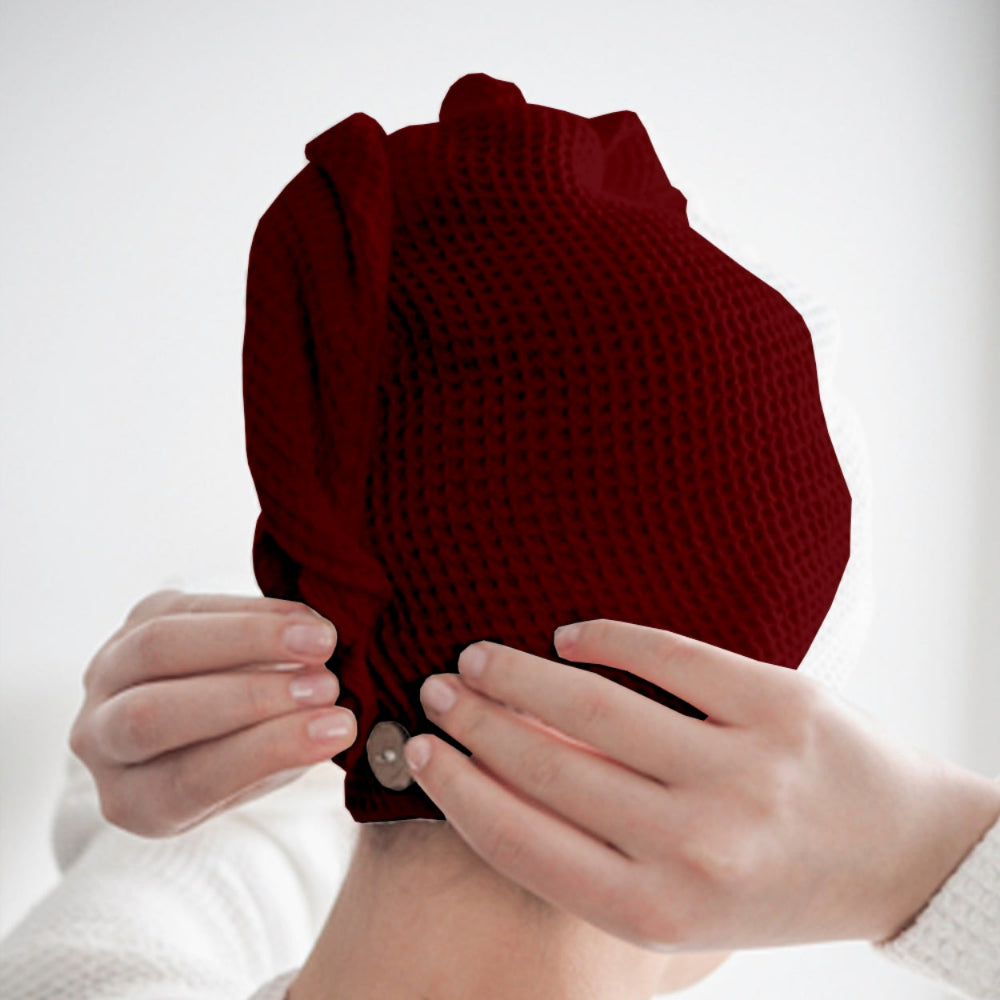 Maroon cotton hair wrap towel spread flat
