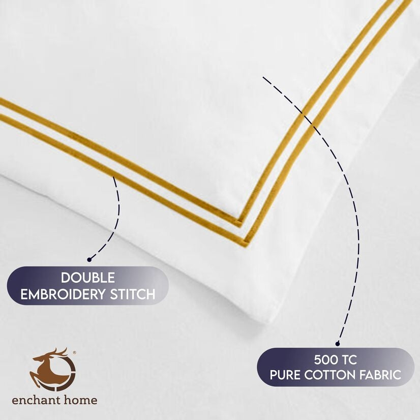Pure Cotton 500 TC Premium Pillow Cover Set - White-Golden