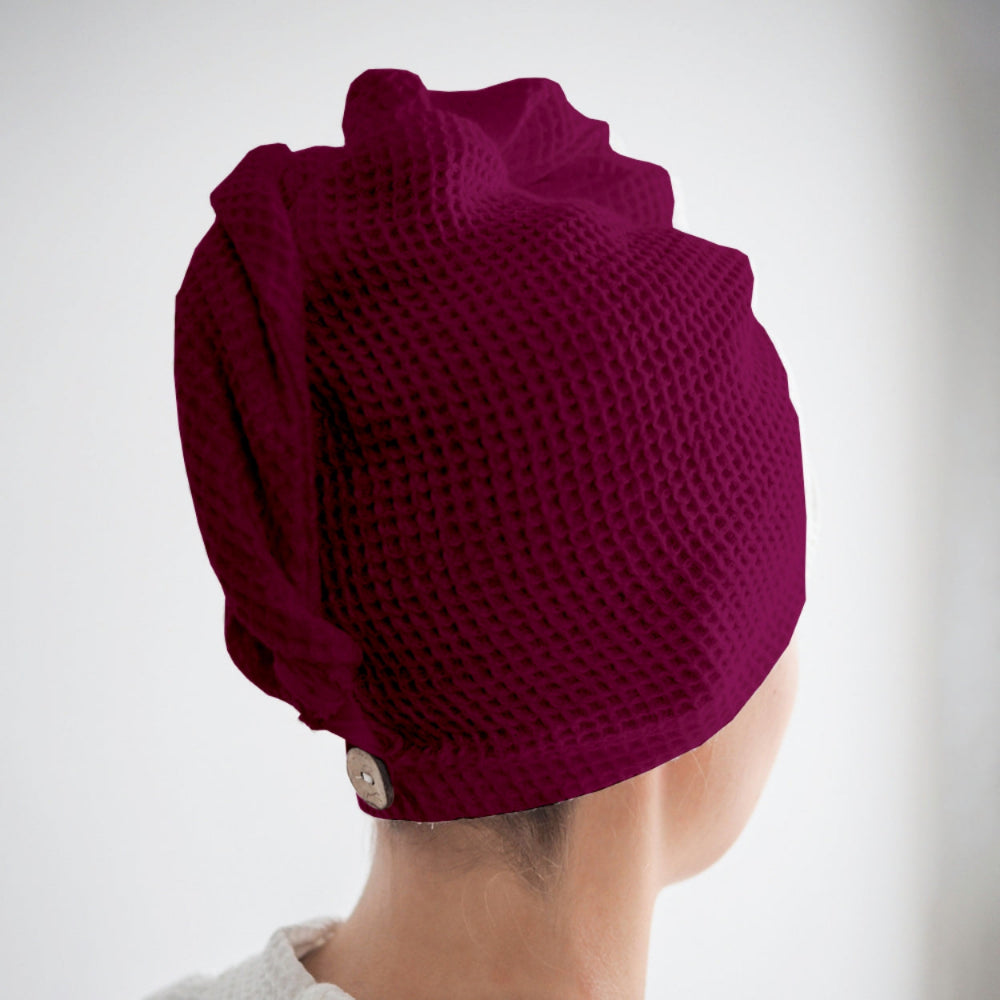 Wine waffle hair wrap towel fabric close-up