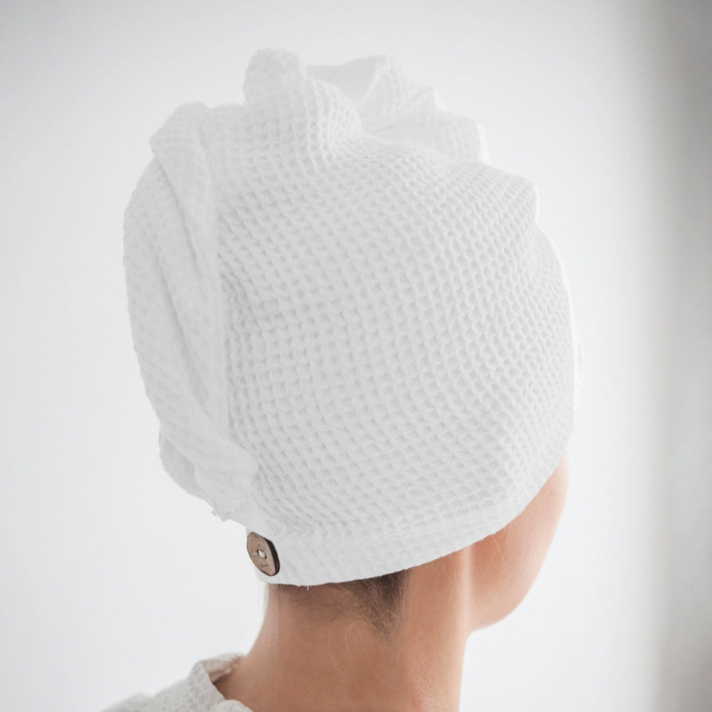 White waffle hair wrap towel fabric close-up