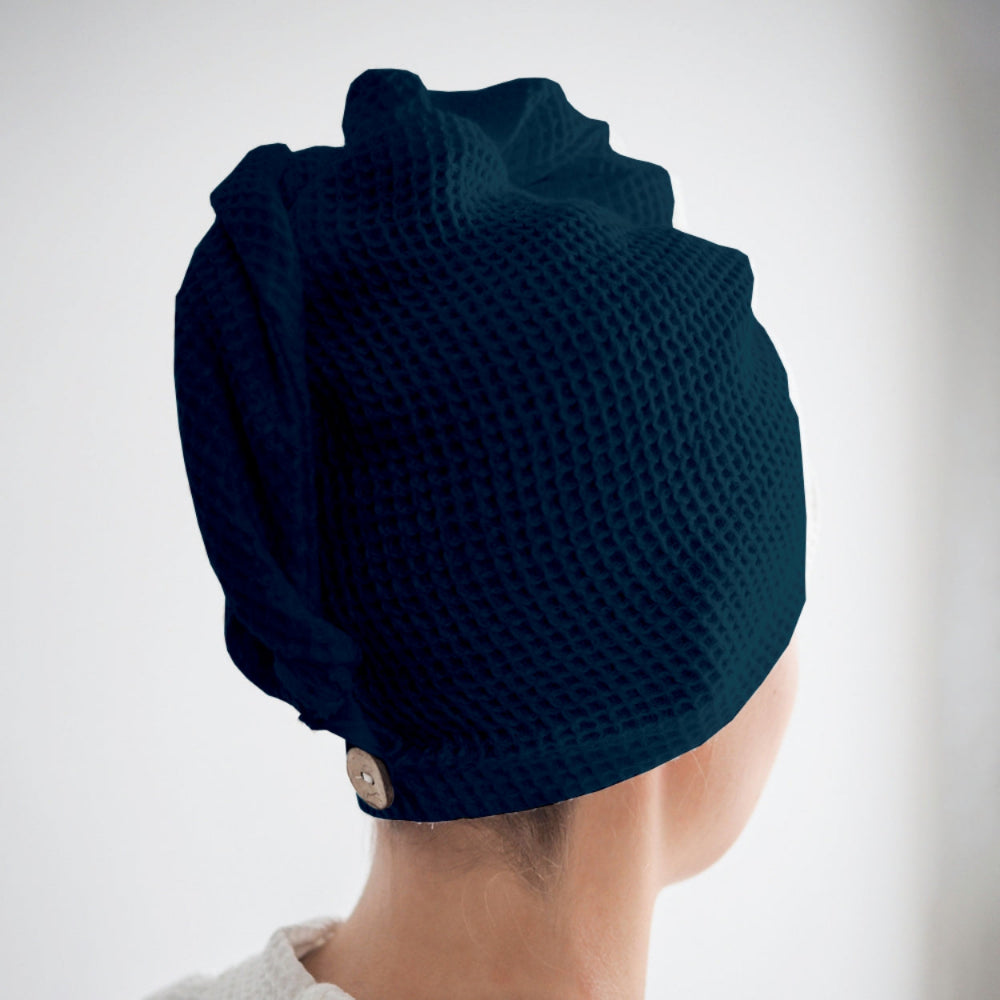 Navy blue waffle hair wrap towel fabric close-up