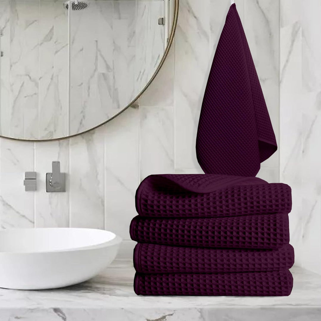 Pure Cotton Waffle Hand Towels - Wine