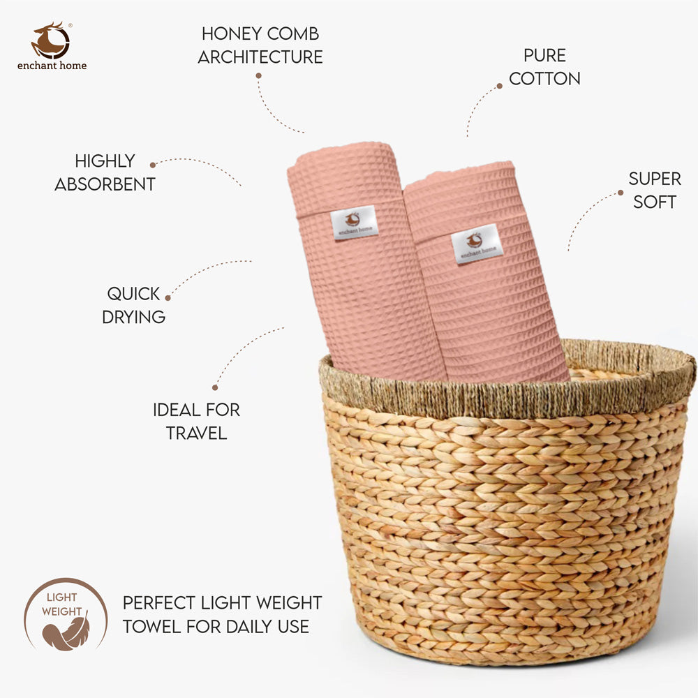 Pure Cotton Waffle Bath Towel - Peach