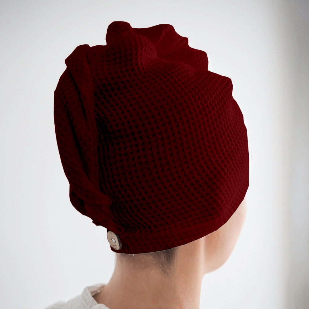 Maroon waffle hair wrap towel fabric close-up
