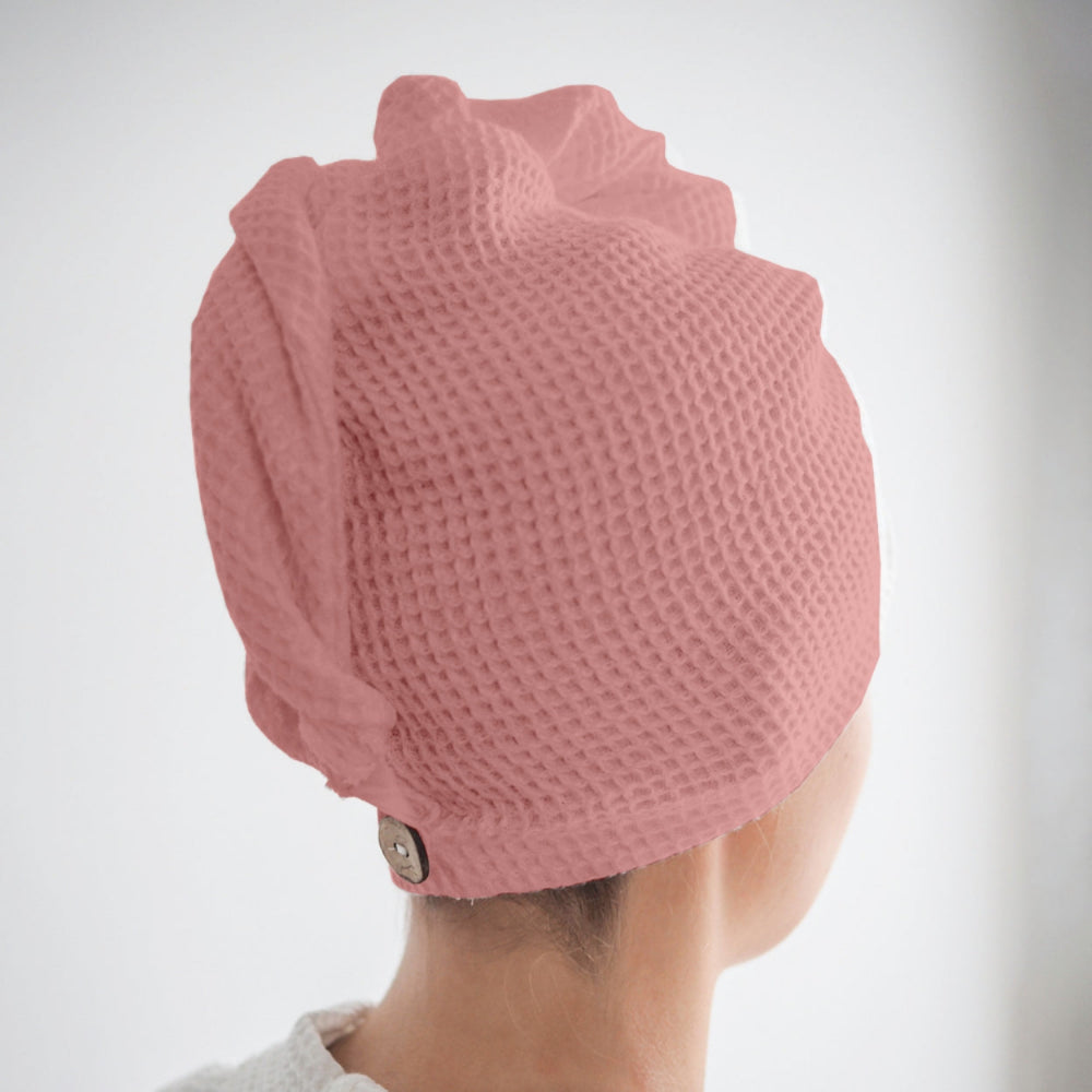 Peach waffle hair wrap towel fabric close-up