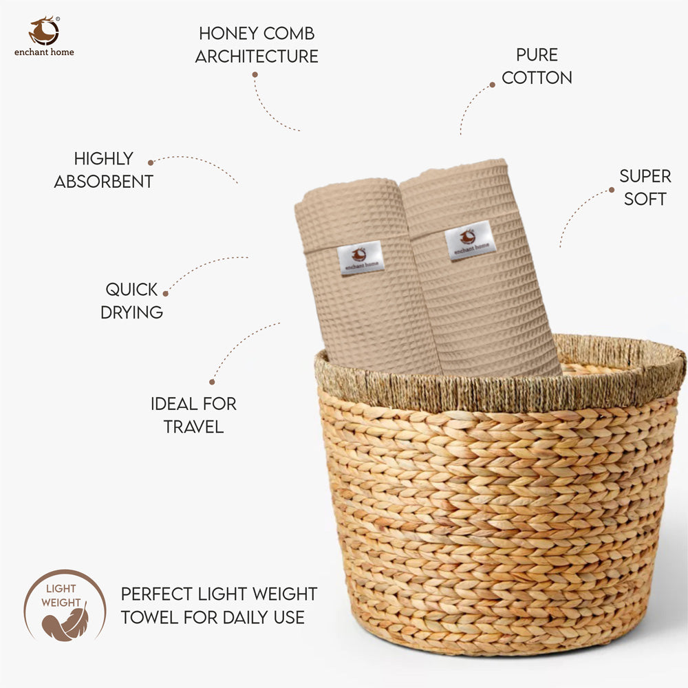 Pure Cotton Waffle Hand Towels - Beige