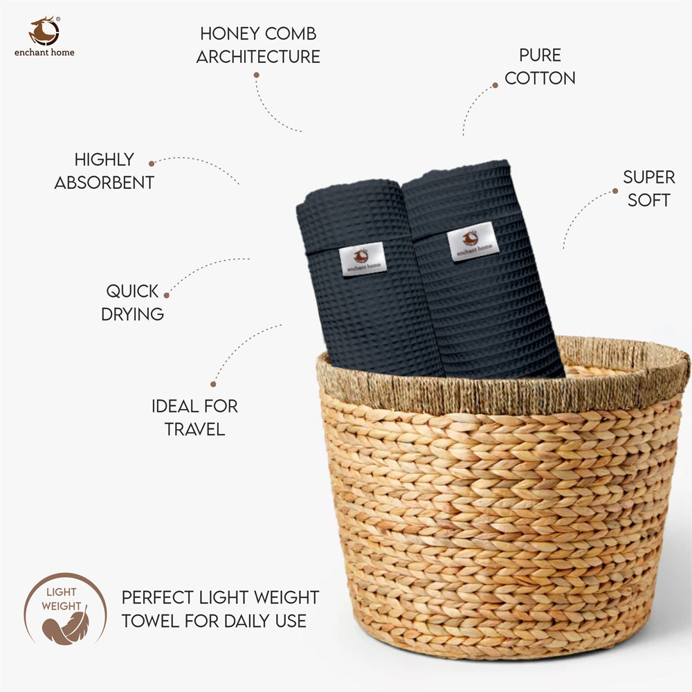 Pure Cotton Waffle Hand Towels - Charcoal