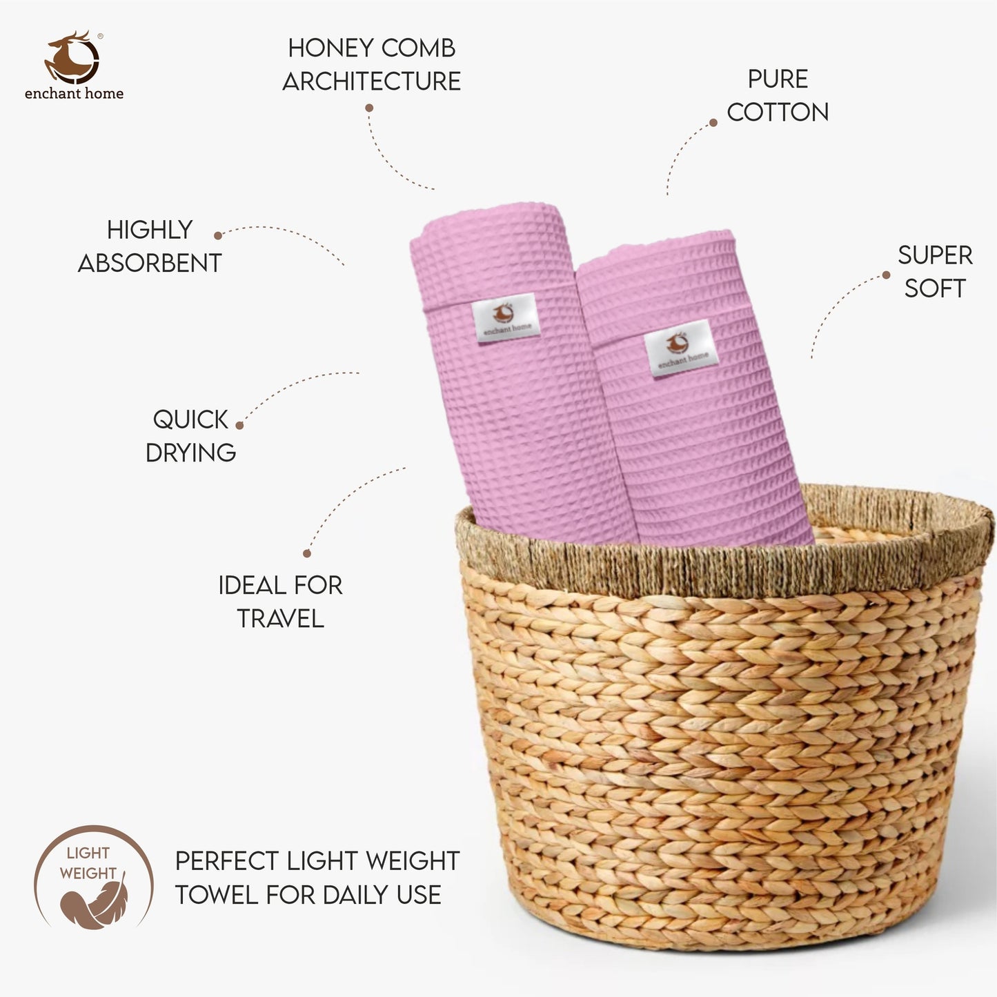 Pure Cotton Waffle Bath Towel - Pink