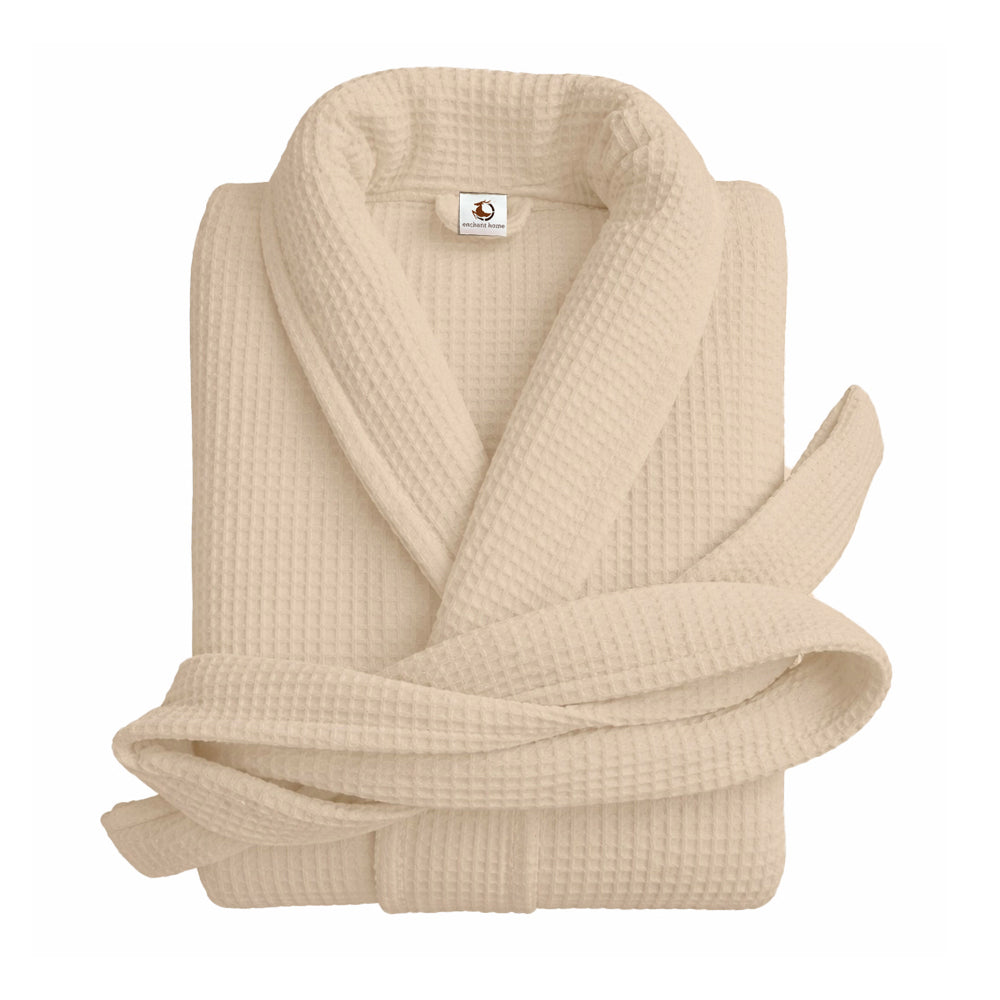 Pure cotton unisex waffle bathrobe in beige with shawl collar