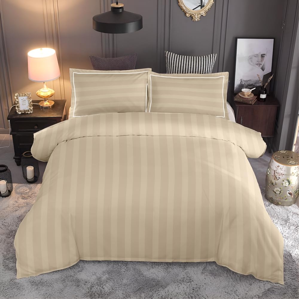 Customizable Cotton Dyed Elysian Satin Stripes Bedsheet- Beige