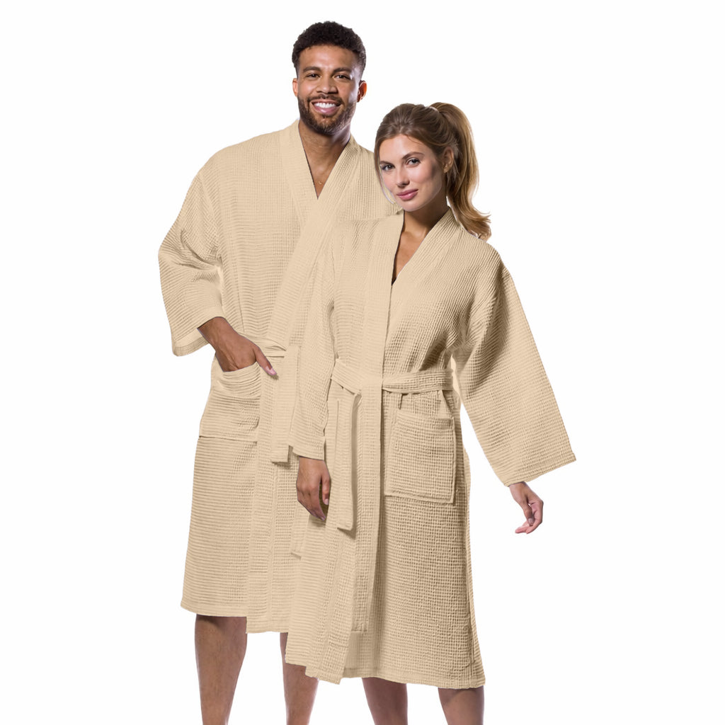 Beige cotton waffle bathrobe front view with belt