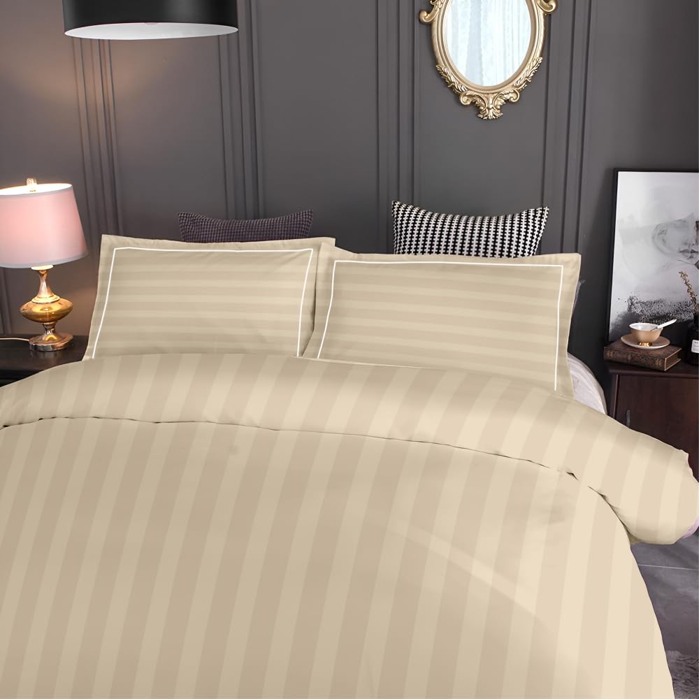 Customizable Cotton Dyed Elysian Satin Stripes Bedsheet- Beige