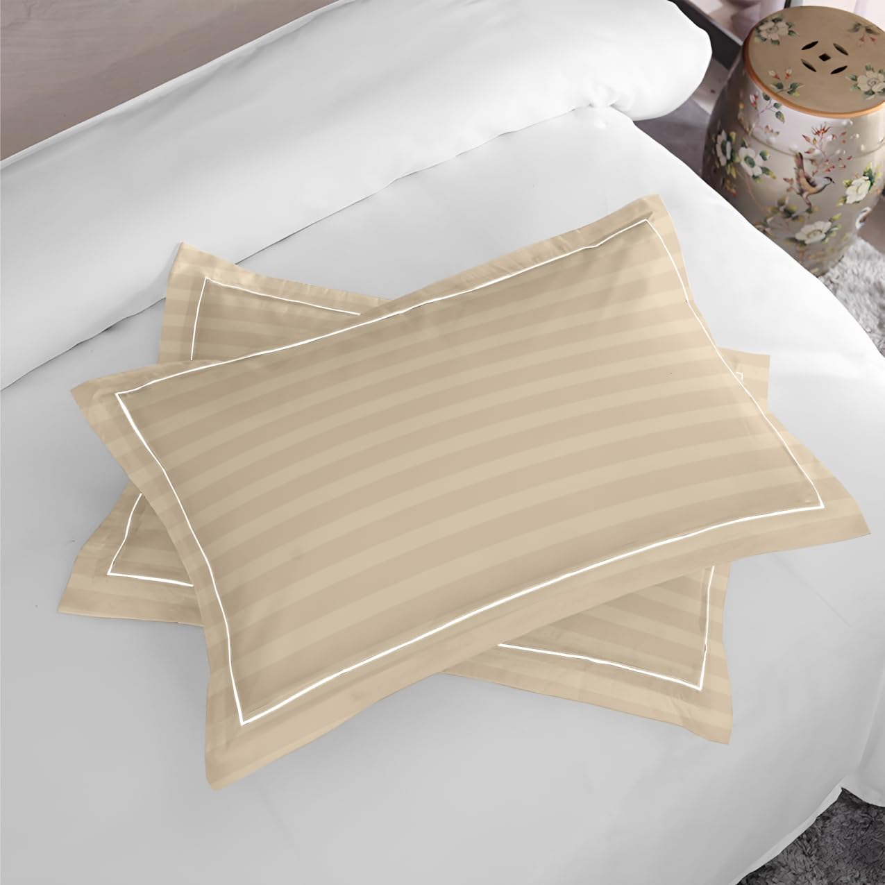 Customizable Cotton Dyed Elysian Satin Stripes Bedsheet- Beige