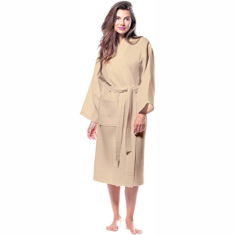 Beige cotton waffle bathrobe back view
