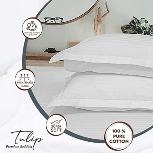 Pure Cotton Pillow Covers with Satin Stripe - White