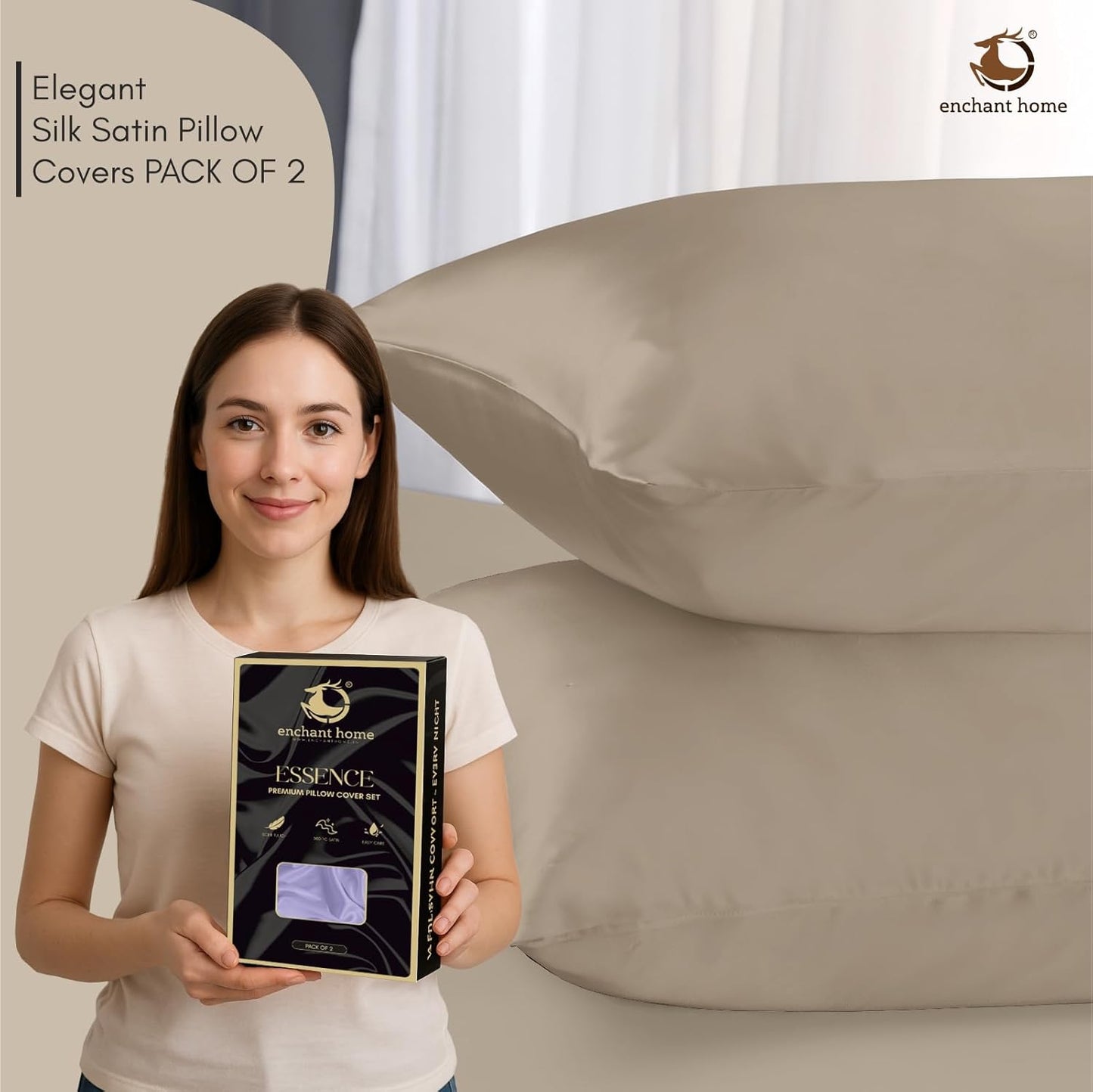 300 TC Art Silk Satin Pillow Cover Set - Beige