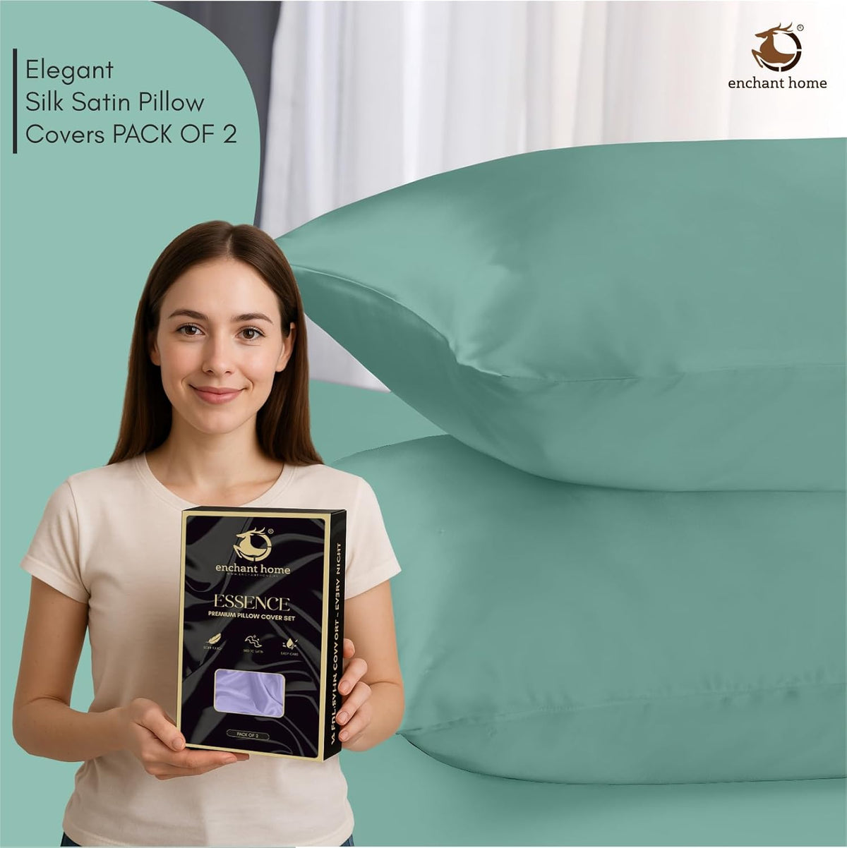 300 TC Art Silk Satin Pillow Cover Set - Aqua Blue